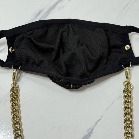 NWOT Bandolier Lace Sophie Face Mask Gold Chain Black Beige Adjustable Ear Loops - Picture 6 of 11